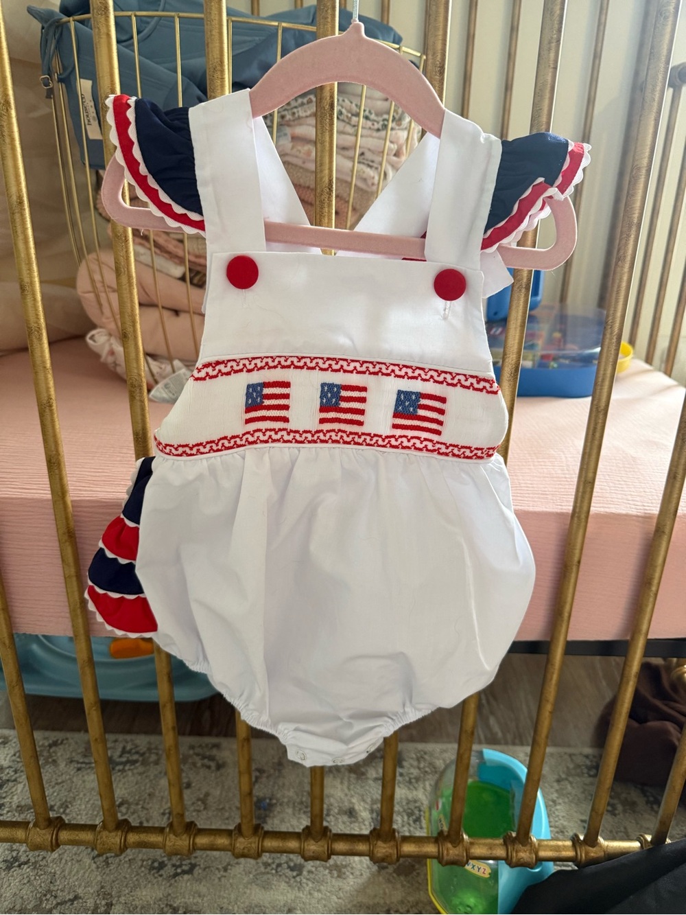 Patriotic Smocked Baby One-Piece Bodysuit - White with Red & Navy